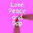 A static image with a bright pink background displays repeated text "Love Peace and Gap" in white pixelated font, arranged vertically on two sides of a brown rectangular frame.
