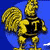 Pixelated golden rooster with spread wings and raised comb against solid blue background, rendered in low-resolution 8-bit style with visible dithering.
