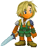 Pixel art character with blonde hair and orange skin holding a blue sword, wearing green shorts and brown boots.