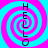 Four identical spiral patterns with alternating cyan and magenta rings, each containing vertical text reading HELLO in dark purple letters.