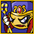 Animated contact sheet of a pixelated character with yellow face, purple crown, and red robe holding a staff, displaying text changes across frames.