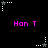 Pixelated animation of white and gray star-shaped icons with dotted trails on black background, each paired with pink 'Han T' text.