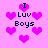 Pixelated pink background with scattered purple hearts and repeated text "I Luv Boys" in black block letters.