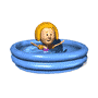 Animated sequence of a cartoon girl with blonde hair in a blue inflatable pool, showing sequential movements from sitting to splashing water.