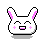 Pixel art bunny head with pink inner ears, closed eyes, and a wide open mouth showing pink tongue on left; right version has squinted eyes and slightly smaller mouth.