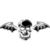 Black-and-white animated skull with wings, head turning left to right across frames.