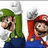 Two pixelated characters with green and red hats stand side-by-side, each holding a silver hammer above their heads against a white background.
