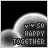 Animated icon with gray cloud background, 'HAPPY TOGETHER' text in orange and pink gradient, small heart symbols changing color from white to red to yellow across frames.