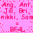 Pixelated pink background with repeating red text and symbols in a pattern
