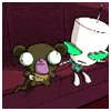 Animated sequence of two cartoon characters on a dark purple couch, one brown with large white eyes and purple mouth, the other white with green accents.