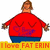 Pixelated cartoon character in red sweater and blue pants with text banners below.