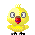 Pixelated yellow chick with red beak and black feet in multiple poses showing open/closed eyes, mouth shapes, and wing positions against gray background.