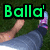 Green pixelated text 'Balla' with apostrophe above a person lying on grass, wearing blue pants and purple shoes.