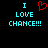 Pixelated text and a heart symbol on black background, with cyan letters 'I LOVE CHANCE!!!' split by red outline heart.