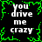 Black background with green pixelated border and white text "you drive me crazy" arranged in four identical quadrants.