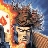 A pixelated static image shows a character with brown hair and a black headband against a blue sky background with orange and yellow flame-like shapes on the left.