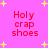 Pixelated red text "Holy crap shoes" on bright pink background with yellow starbursts, repeated in four quadrants.