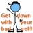 Pixelated stick figure with blue circular head, black hair, and gray limbs holding a magnifying glass; orange text reads 'Get down with your bad self' around the figure.