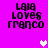 Pixelated text 'LALA LOVES FRANCO' on bright purple background with white and light pink heart symbols.
