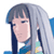 Pixelated static image of a character with long gray hair and dark bangs wearing a blue outfit, viewed from the side against a white background.