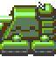 Pixelated green and brown vehicle with checkered flag, two white stripes on side, four light-green wheels, visible front headlights.