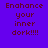 Pixelated text 'Enhance your inner dork!!!!' displayed in three on a purple background with orange rectangular overlays
