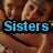 Pixelated image with brown and beige tones showing two figures in close proximity, overlaid by a blue text banner reading "Sisters" on black background.