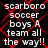 Black background with red diamond-shaped overlay and white pixelated text reading "scarboro soccer boys A team all the way!!" repeated in two