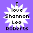 Four identical pixelated icons on purple background, each with white starburst shape containing black text "I love Shannon Lee Roberts".