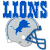 Blue 'LIONS' text above a gray football helmet with blue accents and a blue lion logo on the side.