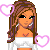 Pixel art of a female character with brown hair, white crop top, and white shorts, surrounded by pink hearts and text elements.