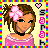Pixel art buddy icon of a cartoon woman with brown hair, pink flower accessory, and pink dress against rainbow border background.