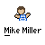 Pixelated character with brown hair wearing blue and white checkered shirt, arms raised in a gesture, below black-and-white text reading 'Mike Miller'.