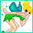 Animated contact sheet of a pixel art Tinker Bell character performing a running pose with wing changes across 12 frames, including text overlays in some panels.
