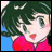 Pixelated anime-style character with green hair and red clothing against a blue background, next to stylized text on black.