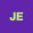 Purple background with large light green pixelated letters J and E centered in the frame.