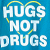 Static pixelated icon with blue background featuring white text "HUGS NOT DRUGS" enclosed by a yellow heart outline, rendered in low-resolution blocky style typical of early internet graphics.