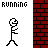 Pixelated stick figure animation showing a character running into red brick walls with text 'RUNNING IS', 'INTO FUN!', and 'WALLS FUN!' across three
