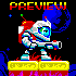 Pixel art character in white and red armor with blue eyes, holding a weapon on a yellow platform against dark space background.