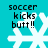 Four identical pixelated white snowflakes on a cyan background with black text reading "soccer kicks butt!!" above each snowflake.