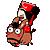 Pixelated cartoon character riding a brown donkey, wearing red and black traditional Chinese attire with a red hat, in a sequence of showing head and hat movement