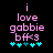 Pixelated text reads 'i love gabbie bff<3' with cyan plus symbols below, displayed on a black background with pink and cyan colors.