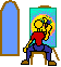 A pixelated character in red shirt and blue pants performs a sequence of actions against a teal background with a yellow circular pattern, framed by blue arched shapes.