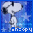 Pixelated cartoon of Snoopy character with white fur and black nose against blue starry background, labeled "Snoopy" in pixelated text at bottom.