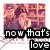 Pixelated image of two figures in a romantic pose with text overlay reading "now that's love" against a pink and purple background.
