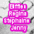 Pixelated pink text on a gray background with faint heart outlines, displaying names and phrases in a