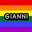 Rainbow striped background with text "GIANNI IS GAY" and a small pixelated speaker icon.
