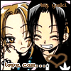 Two anime-style character faces side-by-side with text and heart symbols, one face winking and smiling, the other resting hand on chin.