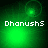 Green pixelated background with four showing a glowing green circle and text 'DhanushS' in white