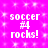 Pixelated text on a bright pink background with white sparkles, repeating 'soccer #4 rocks!' in four identical sections.